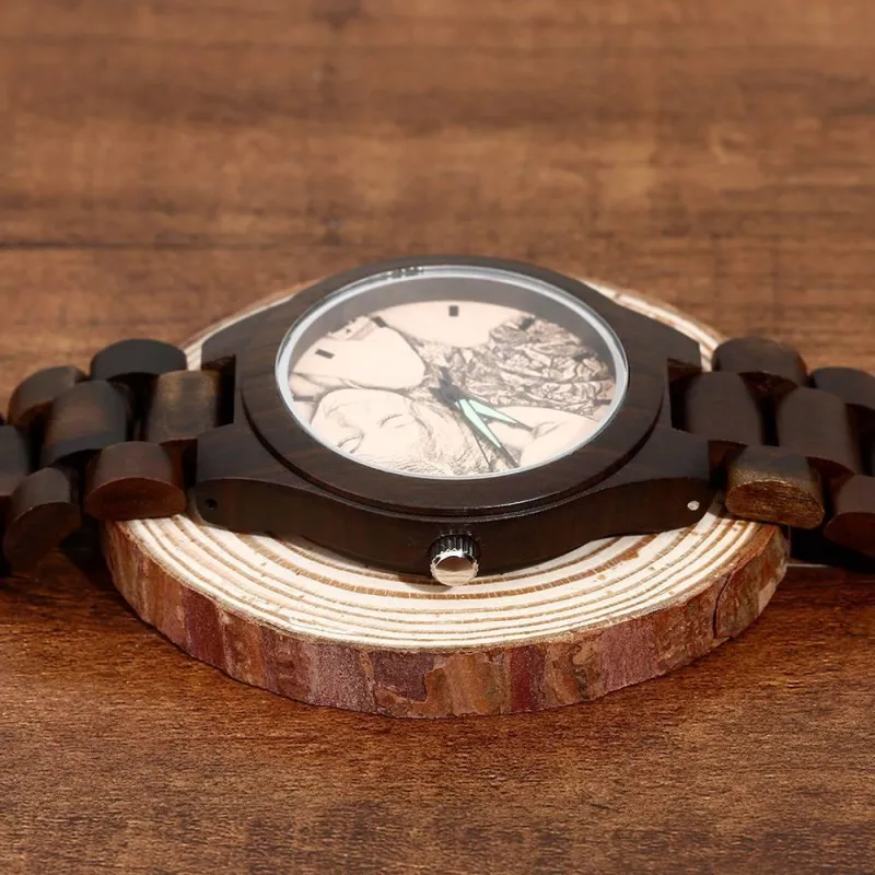 Men's Engraved Wooden Photo Watch Wooden Strap 45mm 4