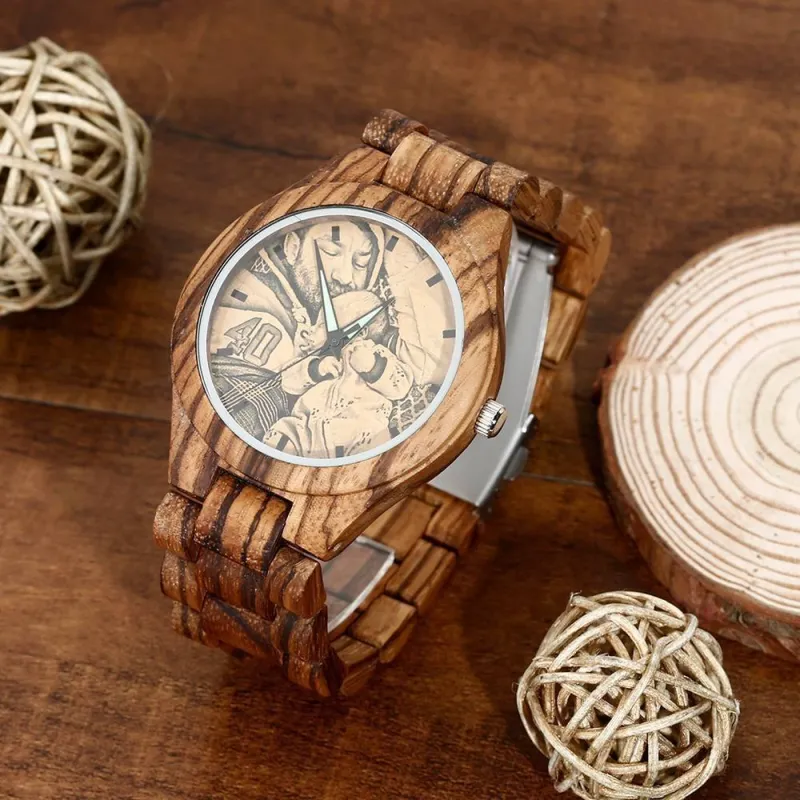 Men's Engraved Wooden Photo Watch Wooden Strap 45mm 4