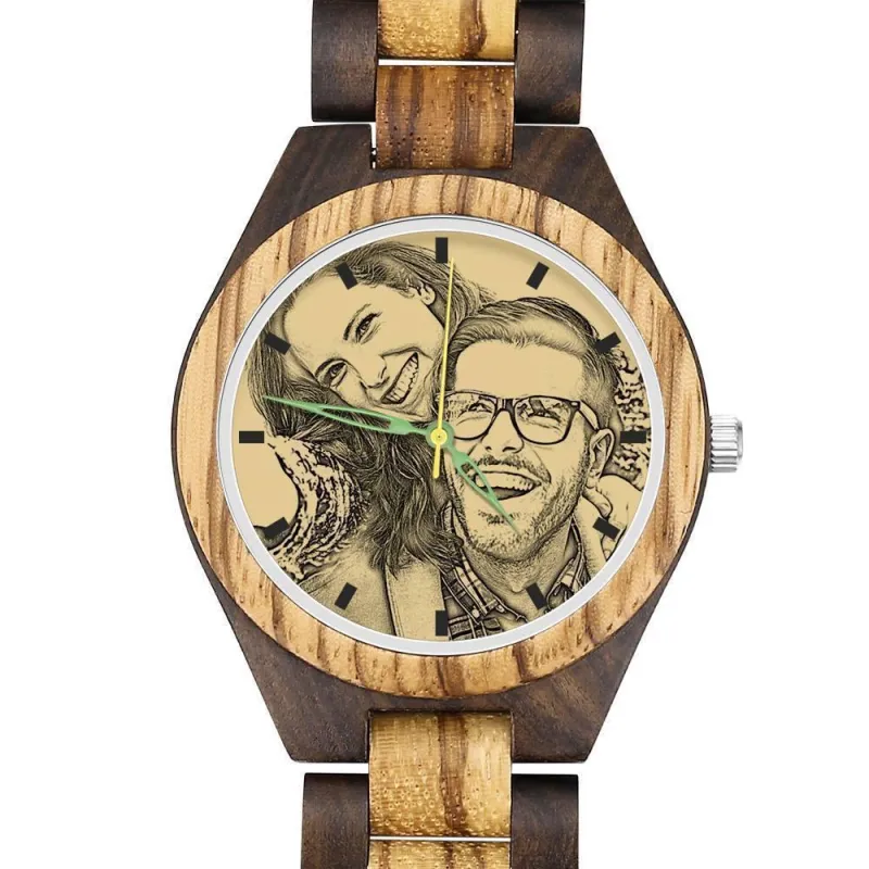 Men's Engraved Wooden Photo Watch Wooden Strap 45mm 4