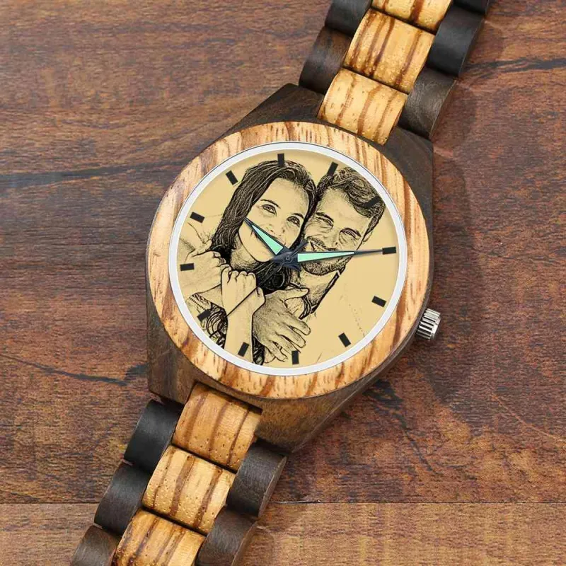 Men's Engraved Wooden Photo Watch Wooden Strap 45mm 4