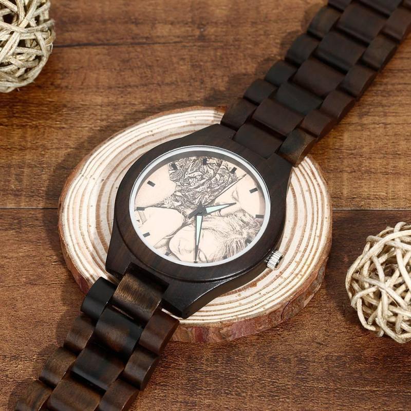 Men's Engraved Wooden Photo Watch Wooden Strap 45mm 5