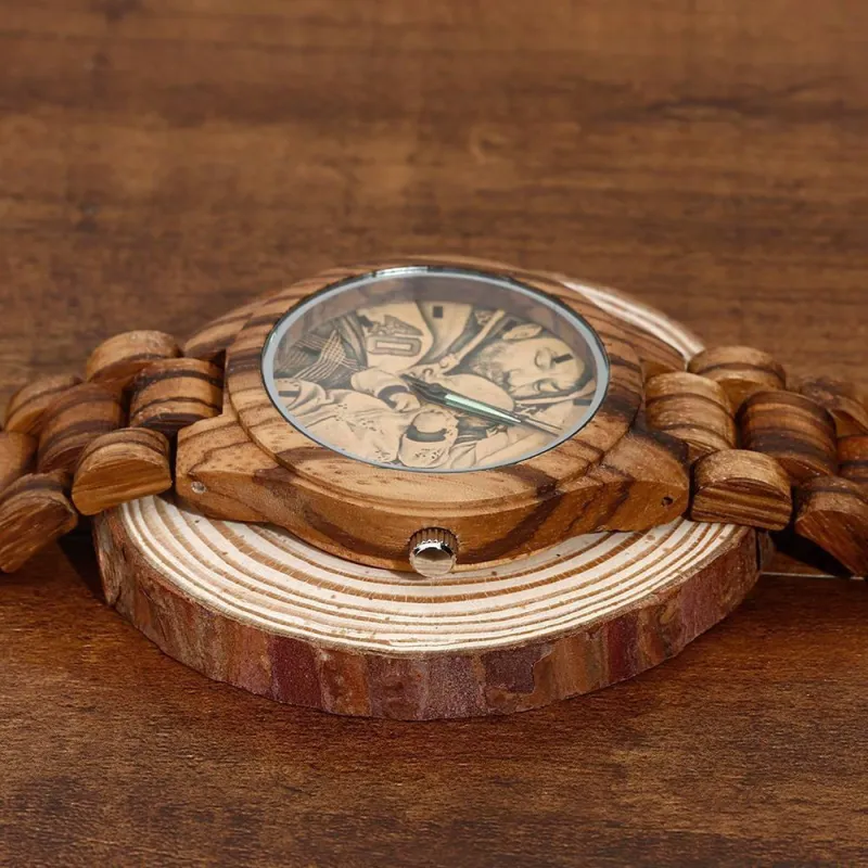 Men's Engraved Wooden Photo Watch Wooden Strap 45mm 5