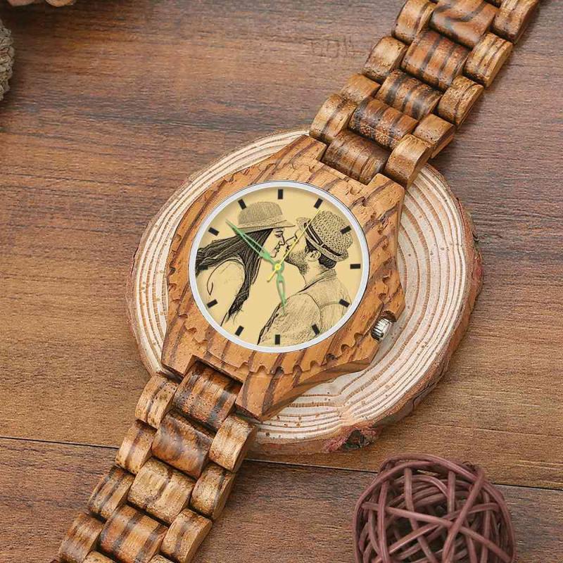 Men's Engraved Wooden Photo Watch Wooden Strap 45mm 5