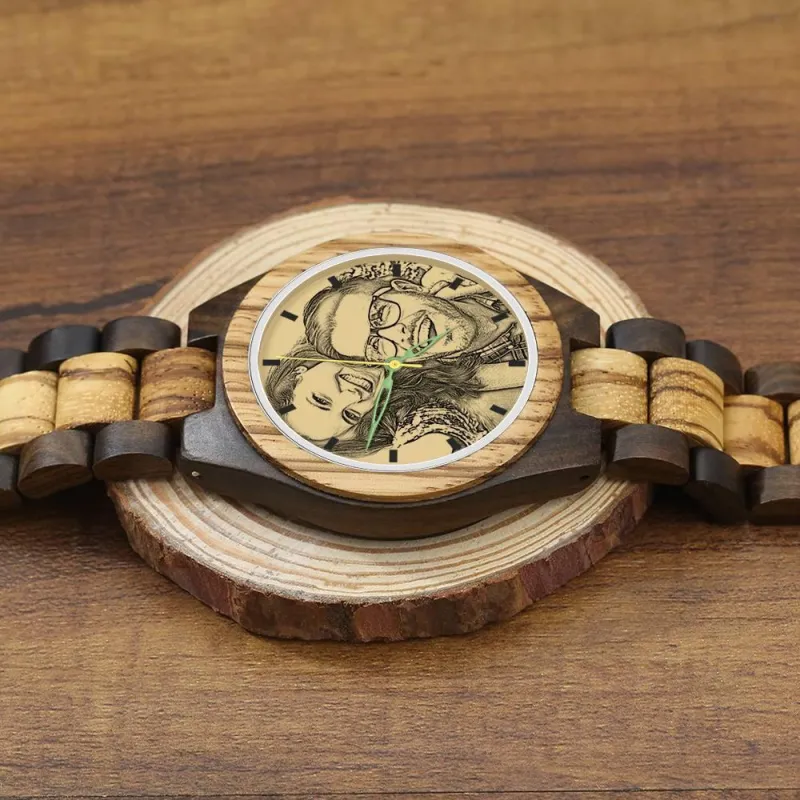 Men's Engraved Wooden Photo Watch Wooden Strap 45mm 6