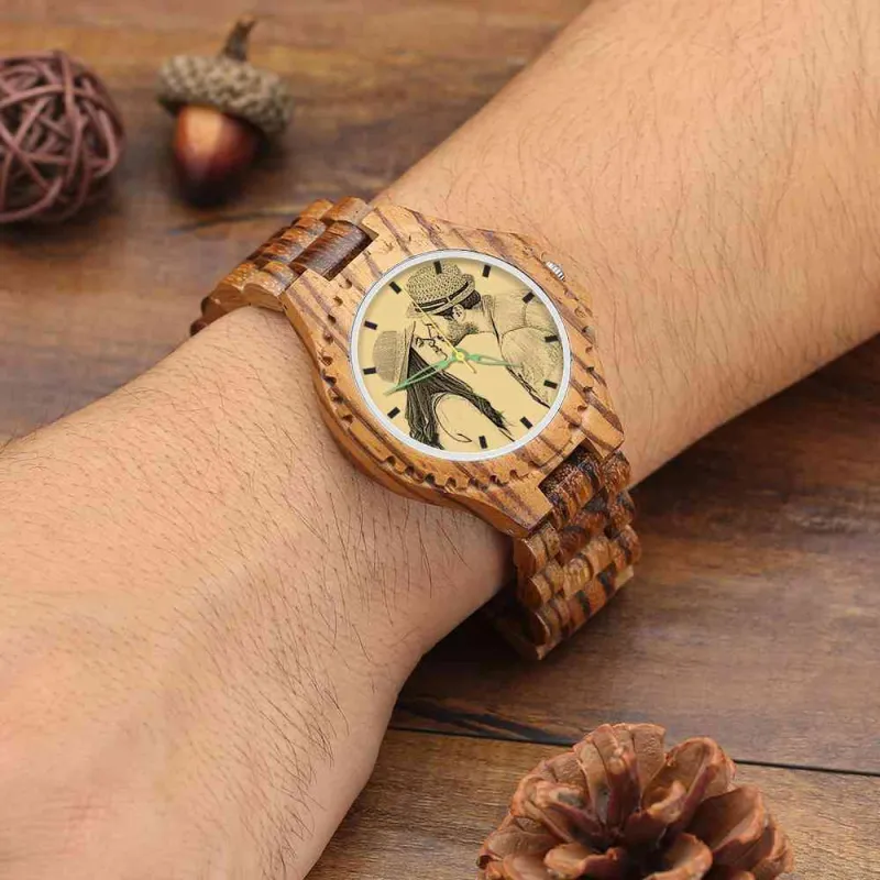 Men's Engraved Wooden Photo Watch Wooden Strap 45mm 6