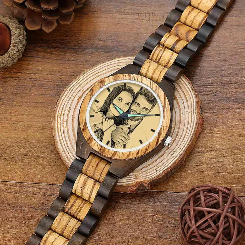 Men's Engraved Wooden Photo Watch Wooden Strap 45mm 6