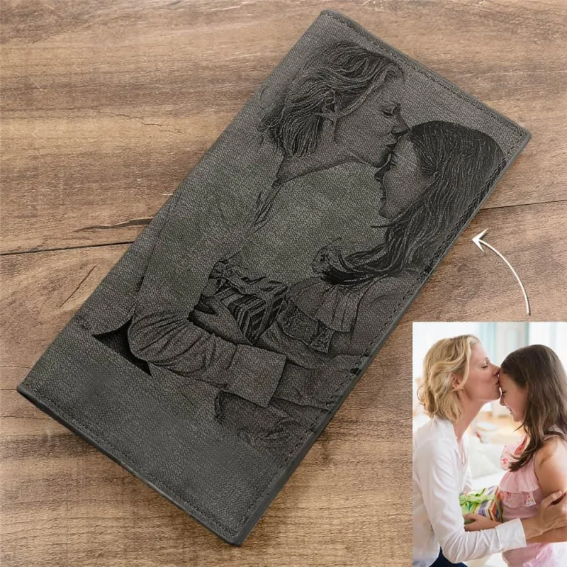 Men's Long Style Bifold Custom Inscription Photo Engraved Wallet - Grey Leather