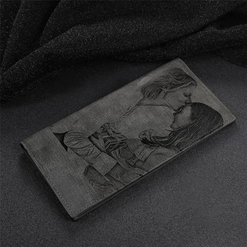 Men's Long Style Bifold Custom Inscription Photo Engraved Wallet - Grey Leather 3