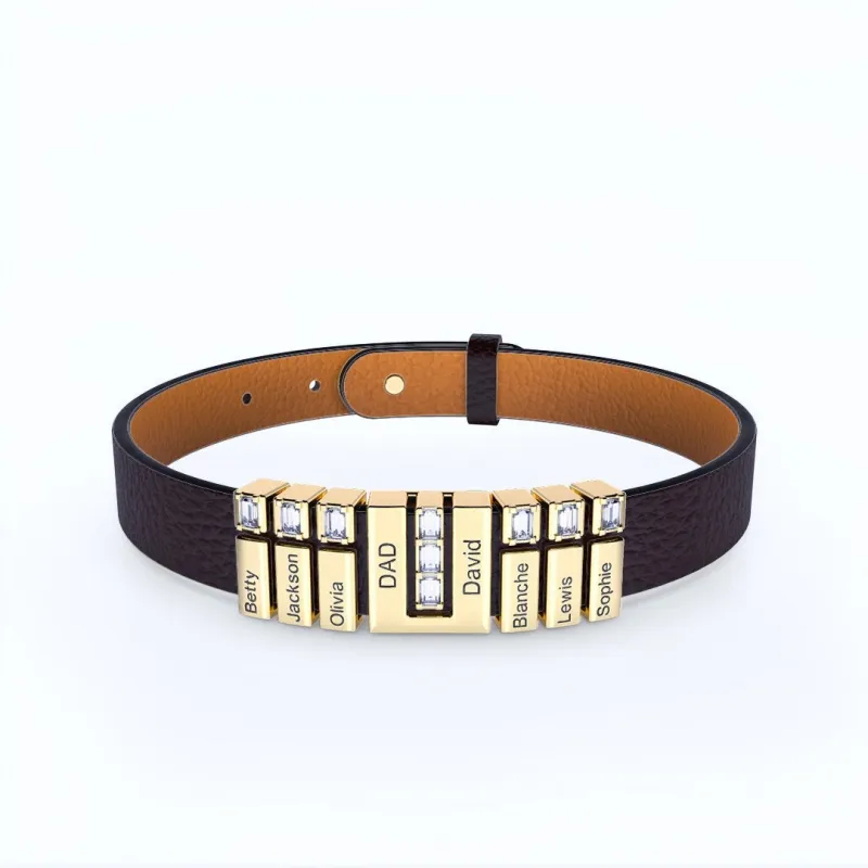 Men's Personalized Leather Bracelet With Adjustable Diamond Beads Rose Gold Plated Stainless Steel For Father's Day