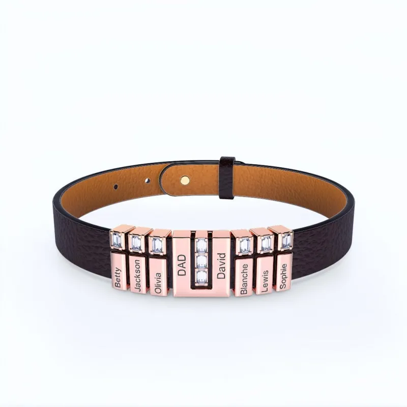 Men's Personalized Leather Bracelet With Adjustable Diamond Beads Rose Gold Plated Stainless Steel For Father's Day 2