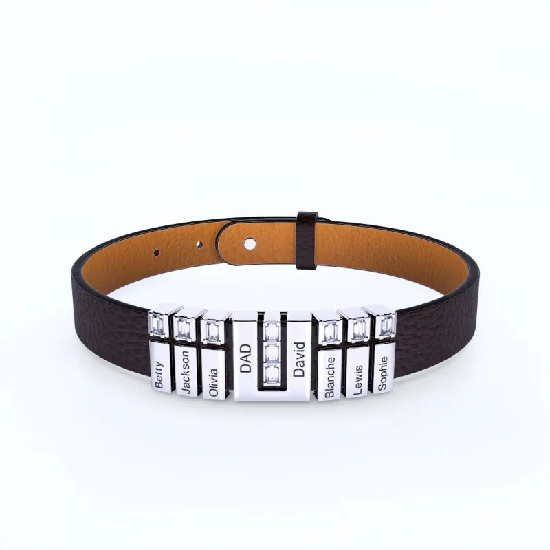 Men's Personalized Leather Bracelet With Adjustable Diamond Beads Rose Gold Plated Stainless Steel For Father's Day 6