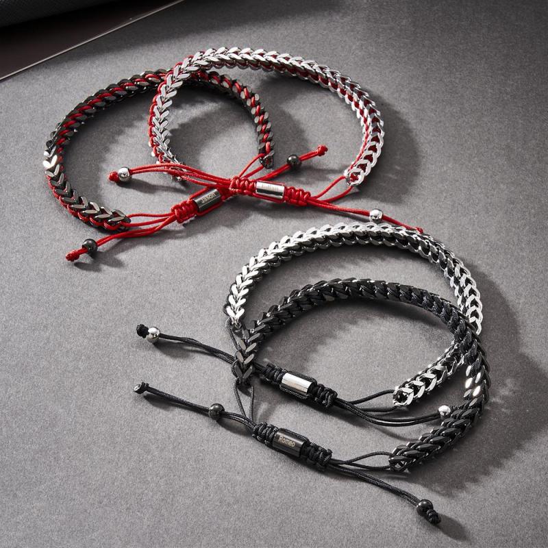 Metal Rope Woven and Stainless Steel Bracelet Red Black Silver Men's Bracelet Customize Text Box Bracelet 3