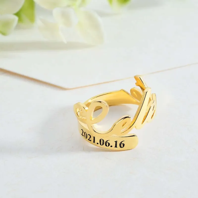 Minimalist Spiral Engraved Name Adjustable Open Ring Personalized Text Commemorative Ring 4