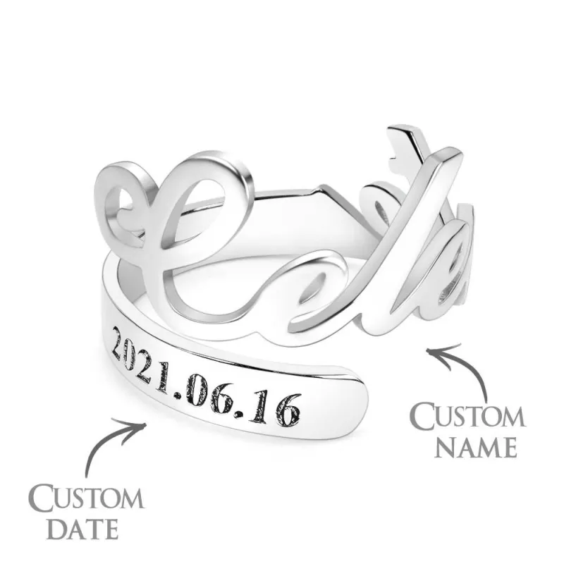 Minimalist Spiral Engraved Name Adjustable Open Ring Personalized Text Commemorative Ring