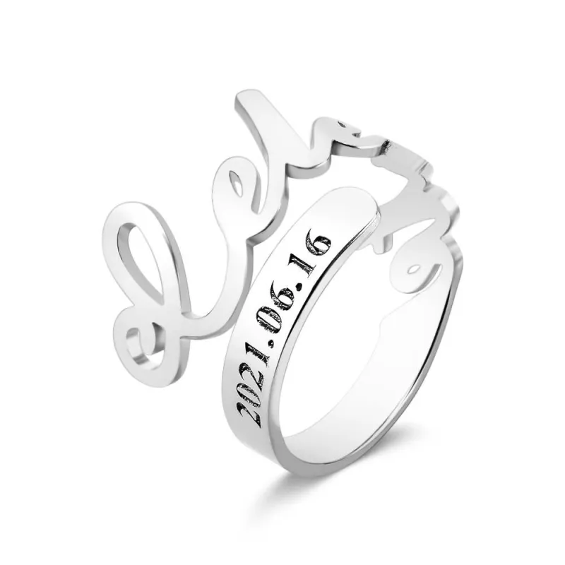 Minimalist Spiral Engraved Name Adjustable Open Ring Personalized Text Commemorative Ring 1