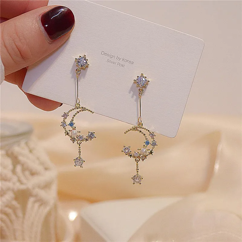 Moon and Star Celestial Pearl Night Sky Drop Earrings 5