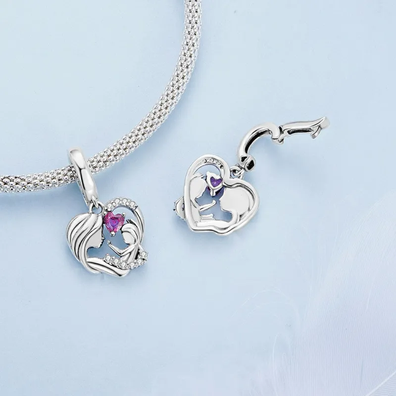 Mother and Child Hug Opening and Closing Buckle Dangle Charm Silver 2