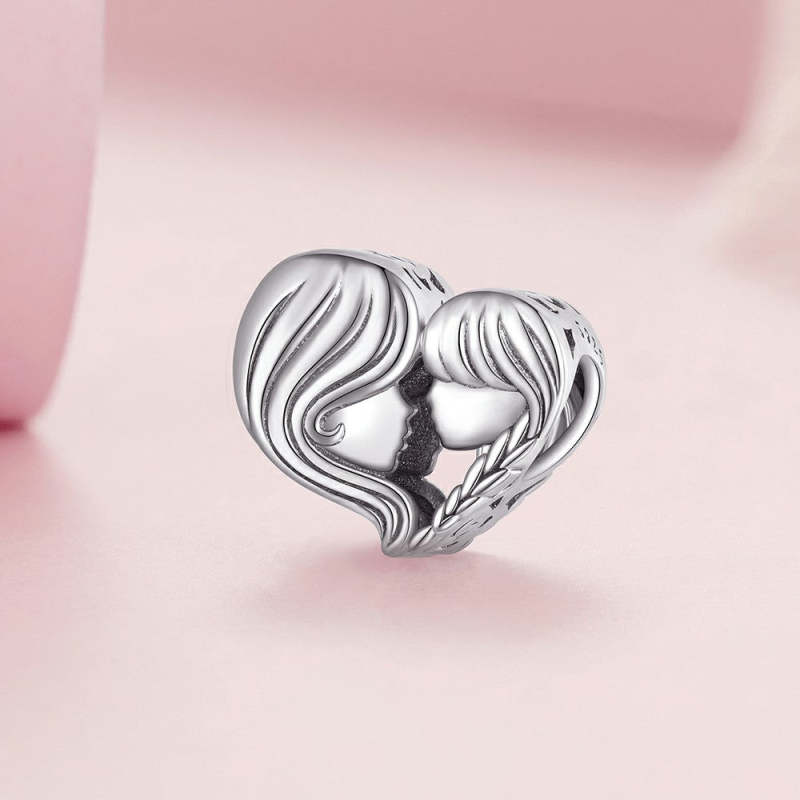 Mother and Daughter Loving Side Faces Charm Silver 1