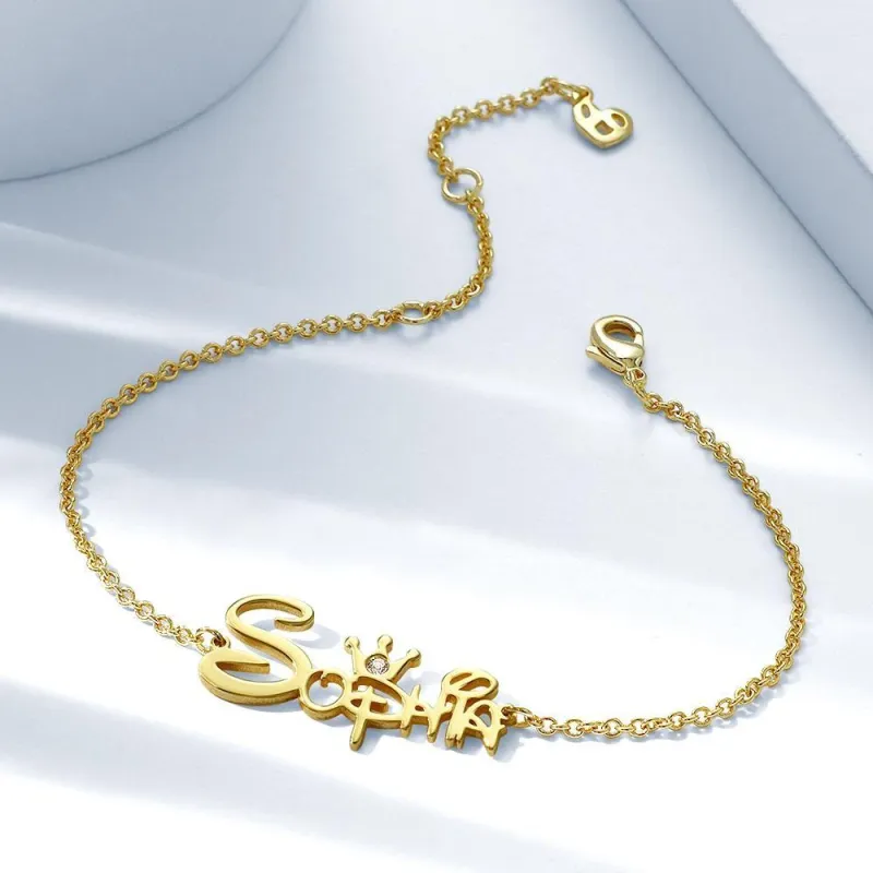 Name Bracelet, Custom Name Bracelet with Crown 14k Gold Plated 2