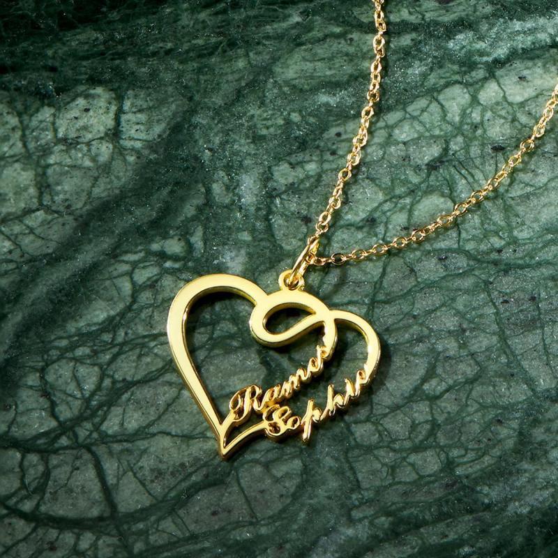 Name Necklace - Gold Name Necklace - Overlapping Heart Two Name Necklace Silver Plated 14K Gold - Double Plated Name Necklace - Unique Gift for Her 5