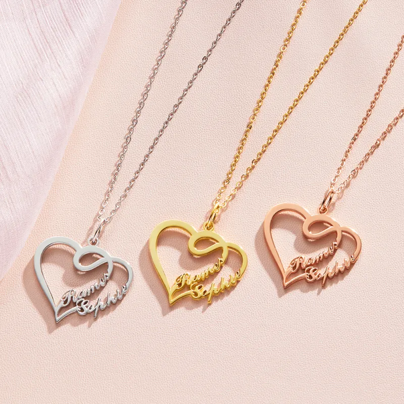 Name Necklace - Gold Name Necklace - Overlapping Heart Two Name Necklace Silver Plated 14K Gold - Double Plated Name Necklace - Unique Gift for Her 2