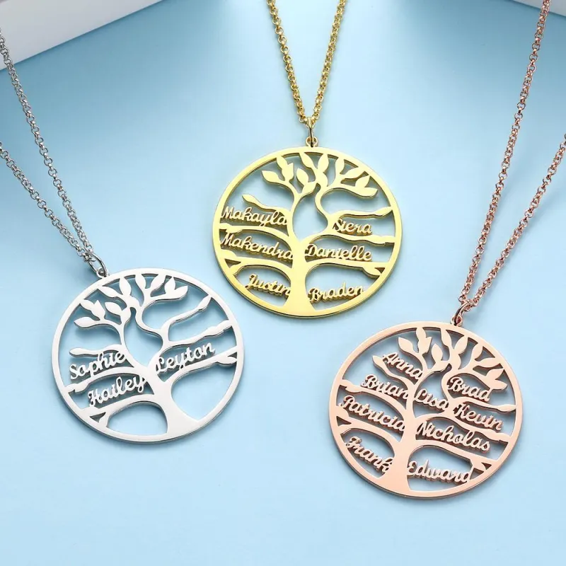 Name Necklace Memorial Family Tree Necklace with 3 Names Plated Platinum Silver Gift for Friends 3