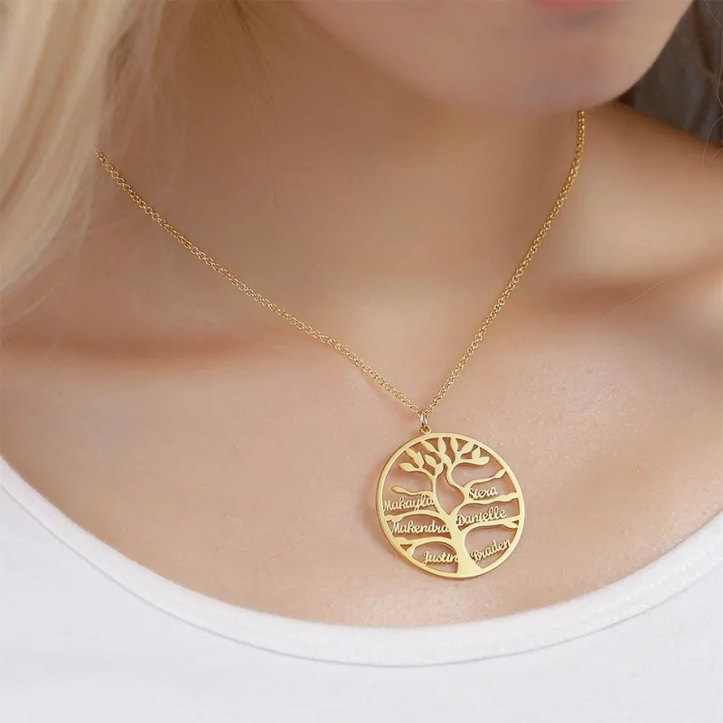 Name Necklace Stylish Family Tree with 1-9 Name Gold Plated Silver Family Gift 1