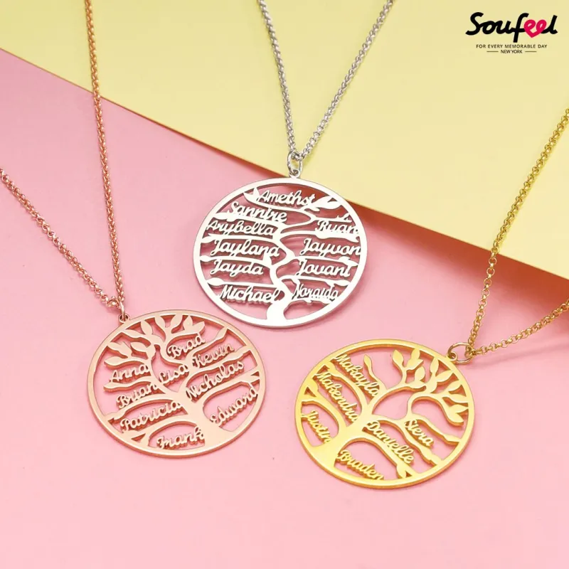 Name Necklace Stylish Family Tree with 1-9 Name Rose Gold Plated Silver Family Gift 1