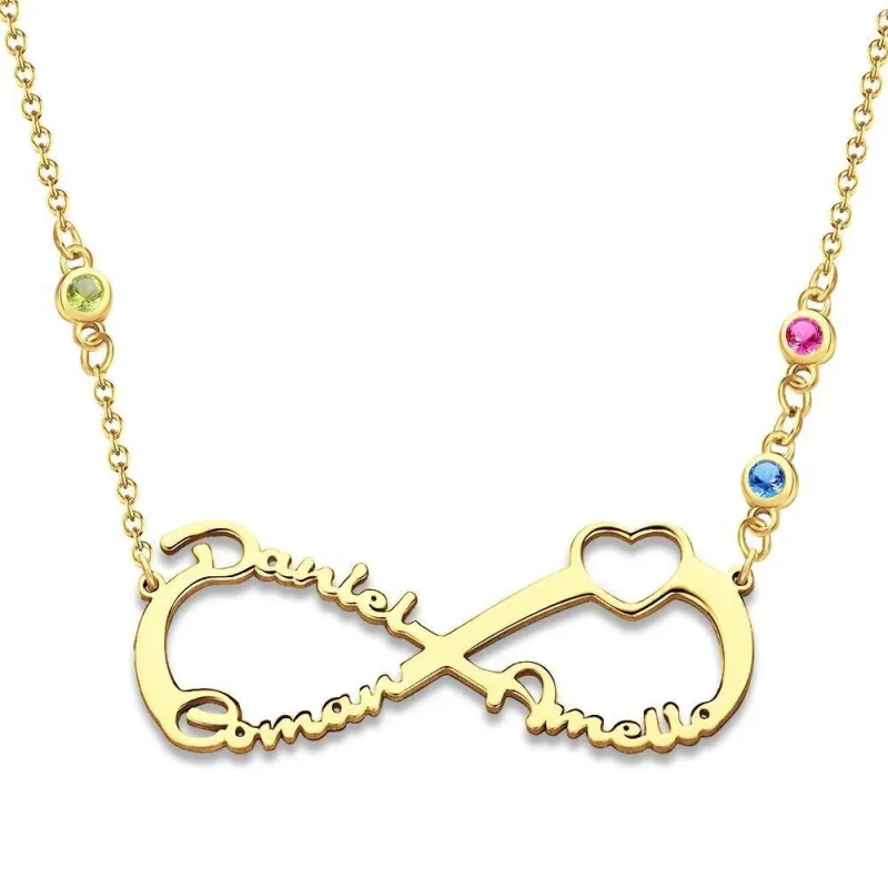 Name Necklace with Custom Birthstone Infinity Necklace Family Gifts 14k Gold Plated