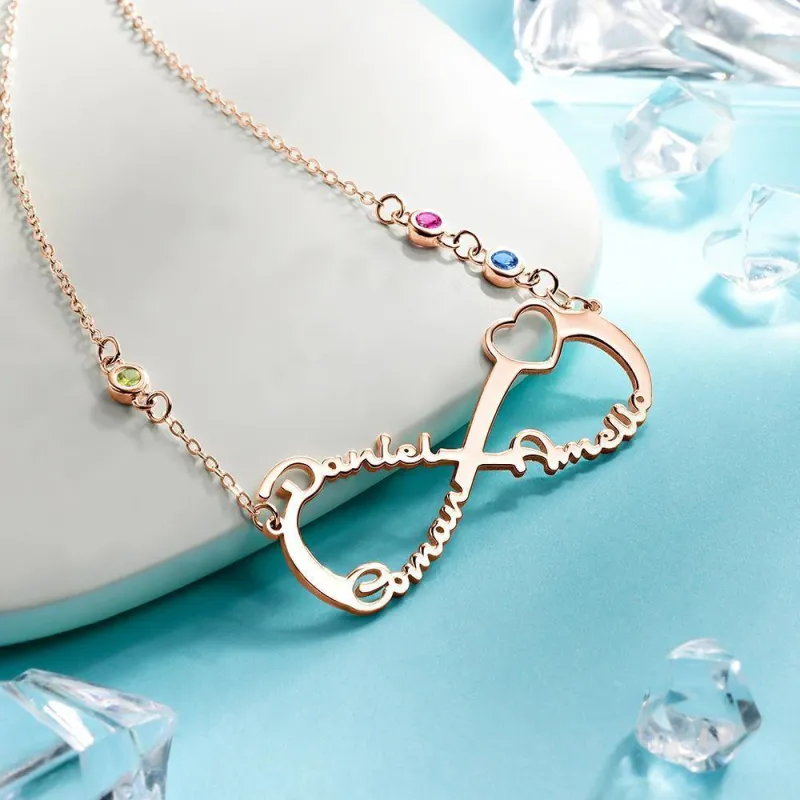 Name Necklace with Custom Birthstone Infinity Necklace Family Gifts Rose Gold Plated 2