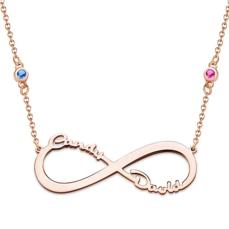 Name Necklace with Custom Birthstone Infinity Necklace Memorial Gifts Rose Gold Plated