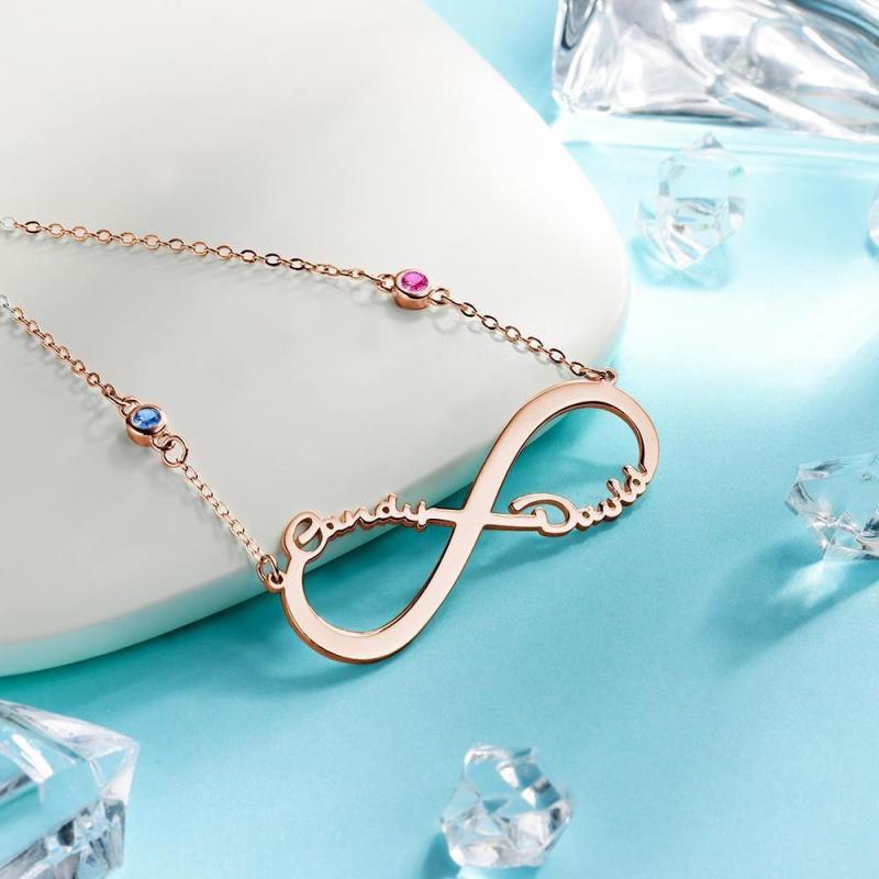 Name Necklace with Custom Birthstone Infinity Necklace Memorial Gifts Rose Gold Plated 2