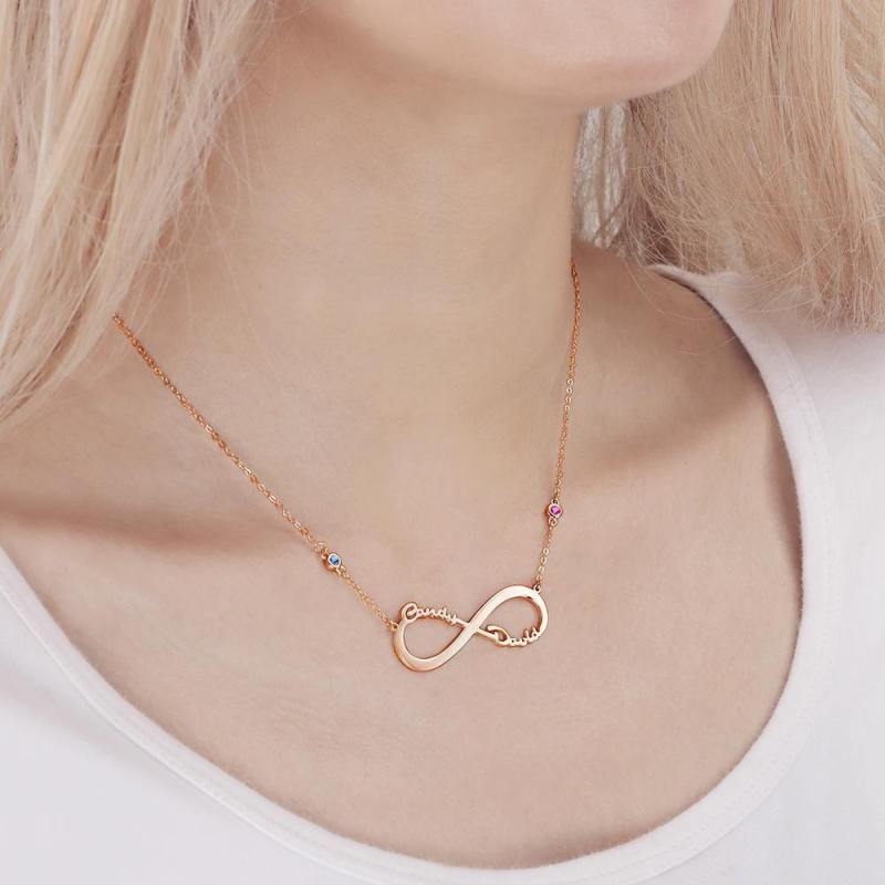 Name Necklace with Custom Birthstone Infinity Necklace Memorial Gifts Rose Gold Plated 1