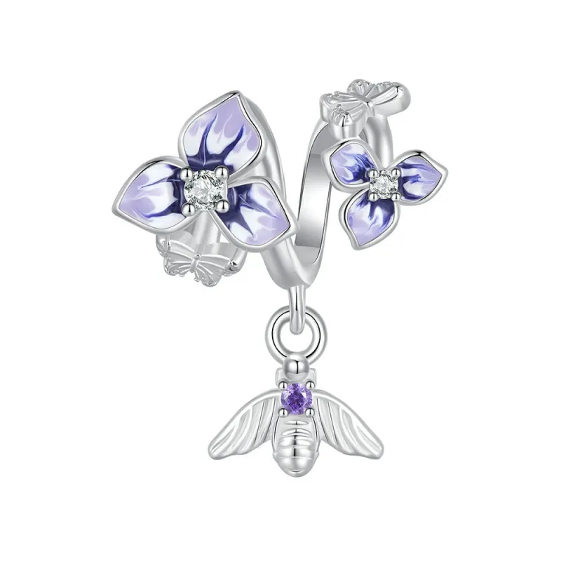 Pansies and Bees Dangle Charm Silver