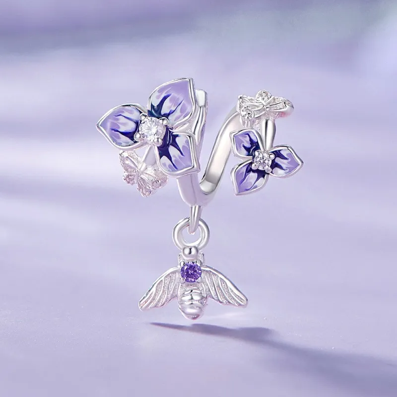 Pansies and Bees Dangle Charm Silver 1