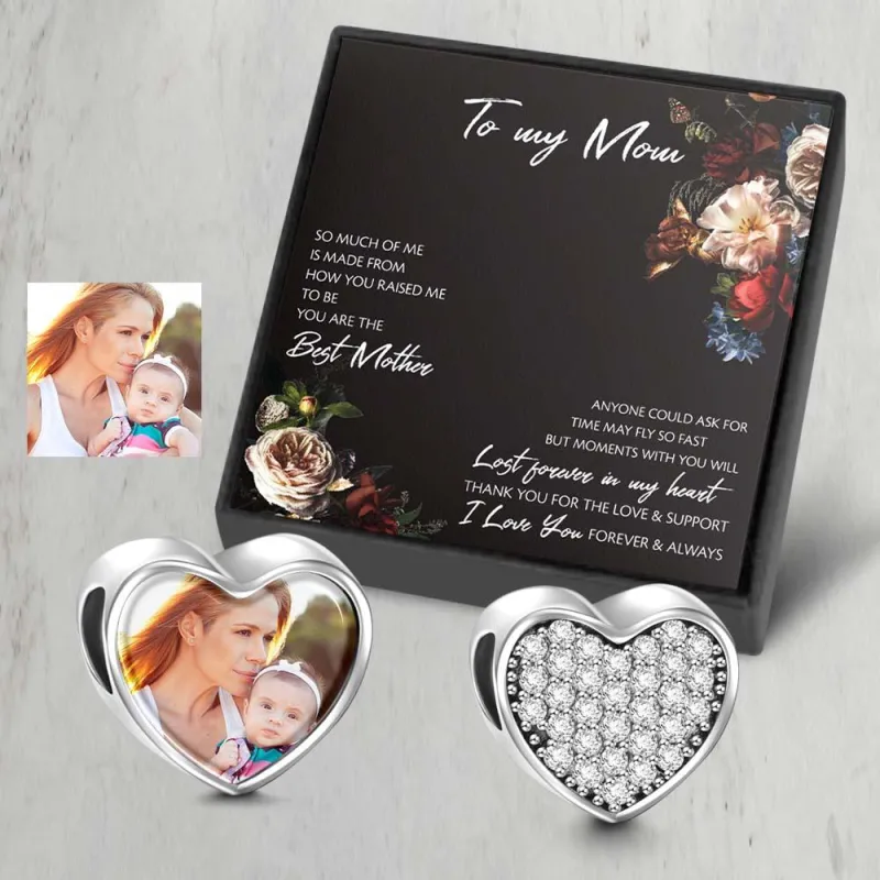 Pave CZ Heart Photo Charm Gift For Mom