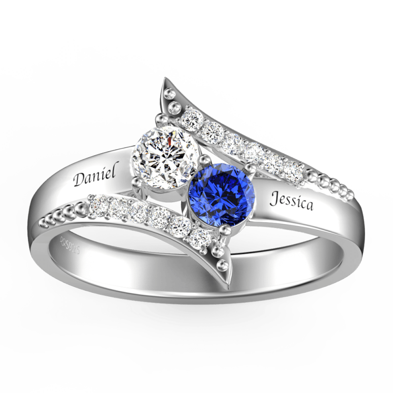 Personalised Birthstone Promise Ring with Engraving Platinum Plated Silver 1