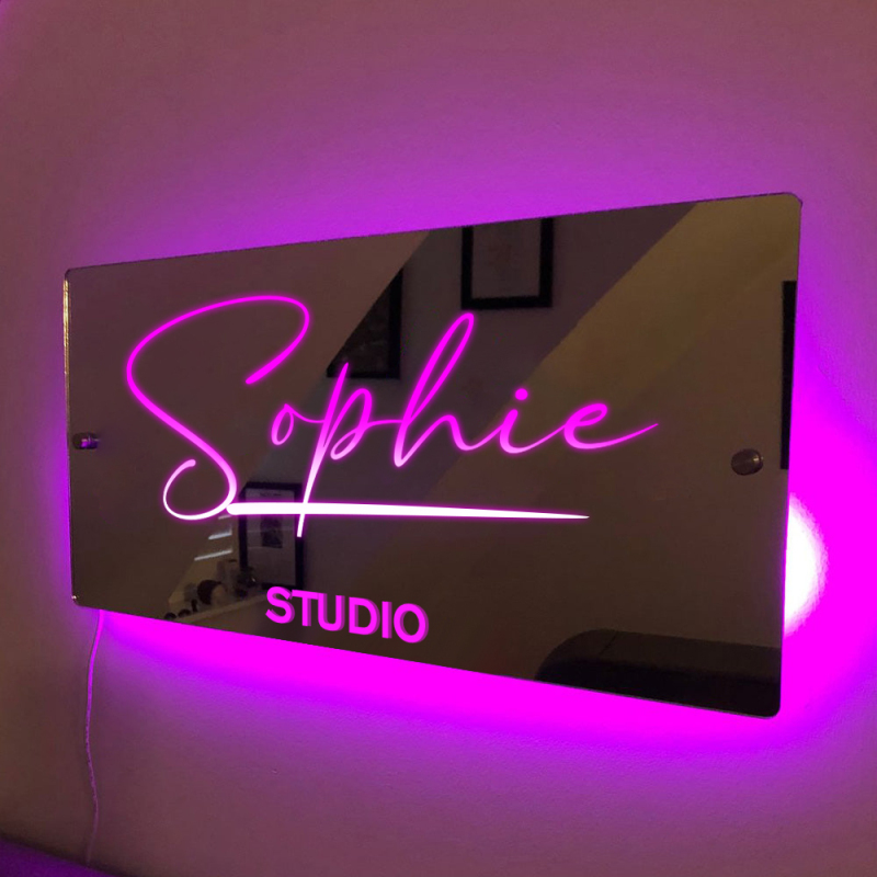 Personalised Name Mirror Sign Custom LED illuminated Light-Up Bedroom Sign Gift For Kids 1