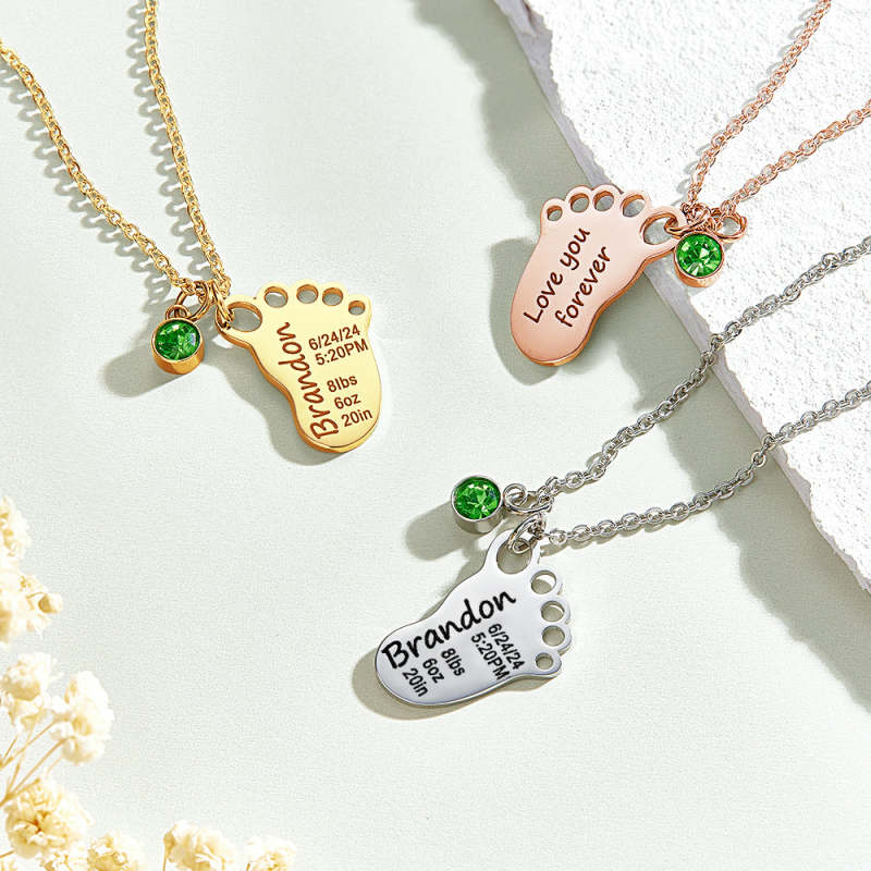 Personalized Baby Foot Pendant Necklace with Birthstone Necklace Birthday Baby Shower Gift for Kid New Mom