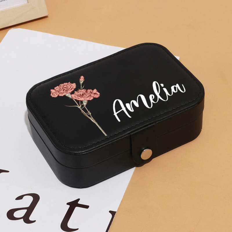 Personalized Birth Flower Leather Travel Jewelry Box with Name Waterproof Multiple Compartments Birthday Bridesmaid Gift for Women Girls 3