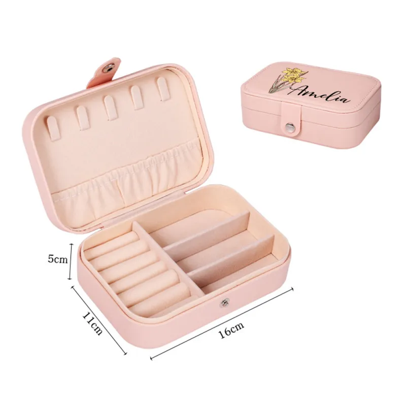 Personalized Birth Flower Leather Travel Jewelry Box with Name Waterproof Multiple Compartments Birthday Bridesmaid Gift for Women Girls 2