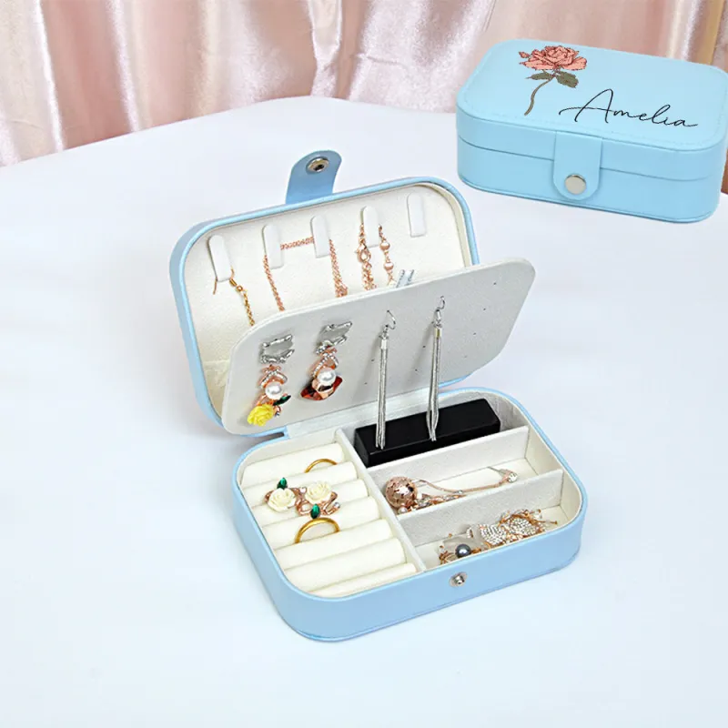 Personalized Birth Flower Leather Travel Jewelry Box with Name Waterproof Multiple Compartments Birthday Bridesmaid Gift for Women Girls 4