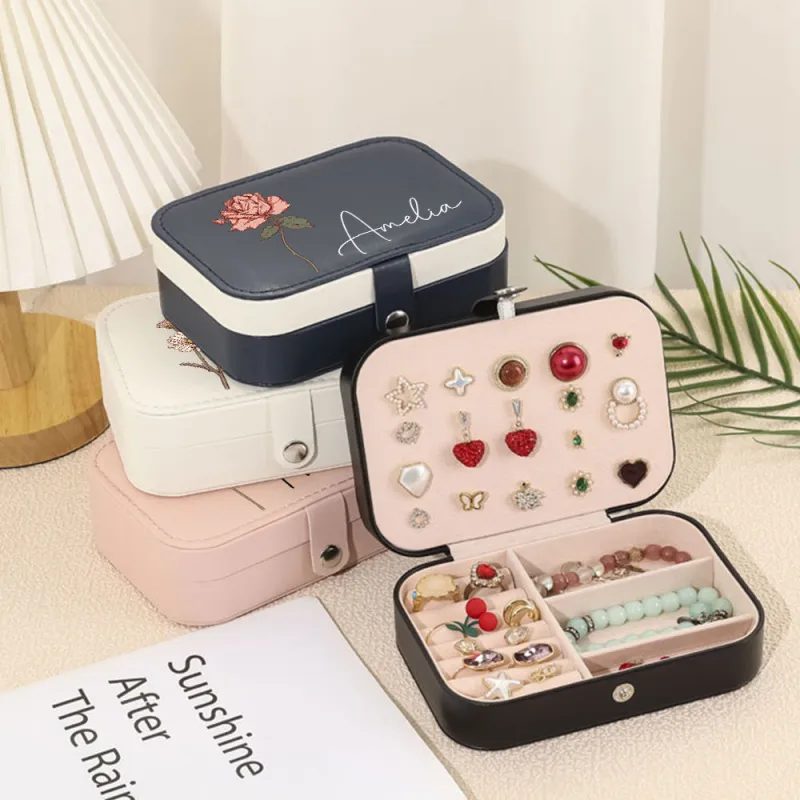 Personalized Birth Flower Leather Travel Jewelry Box with Name Waterproof Multiple Compartments Birthday Bridesmaid Gift for Women Girls