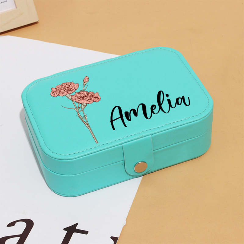 Personalized Birth Flower Leather Travel Jewelry Box with Name Waterproof Multiple Compartments Birthday Bridesmaid Gift for Women Girls 5