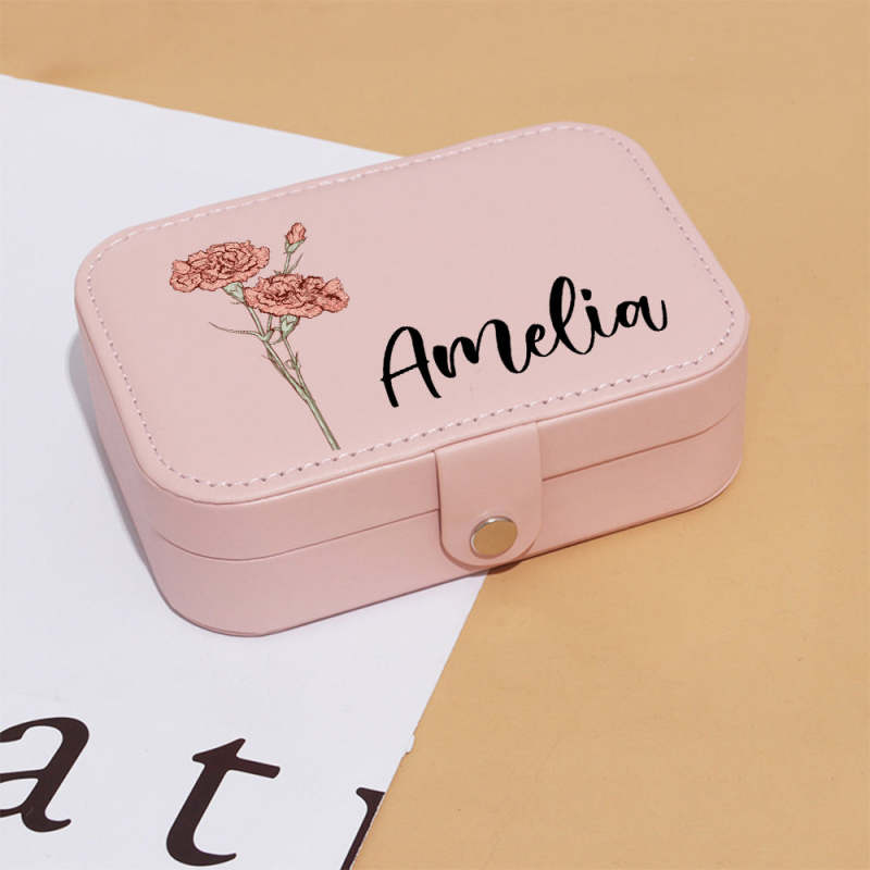 Personalized Birth Flower Leather Travel Jewelry Box with Name Waterproof Multiple Compartments Birthday Bridesmaid Gift for Women Girls 6