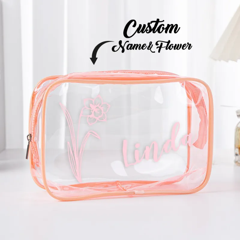 Personalized Birth Flower Name Clear Makeup Bag Birthday Wedding Travel Gift for Her 4