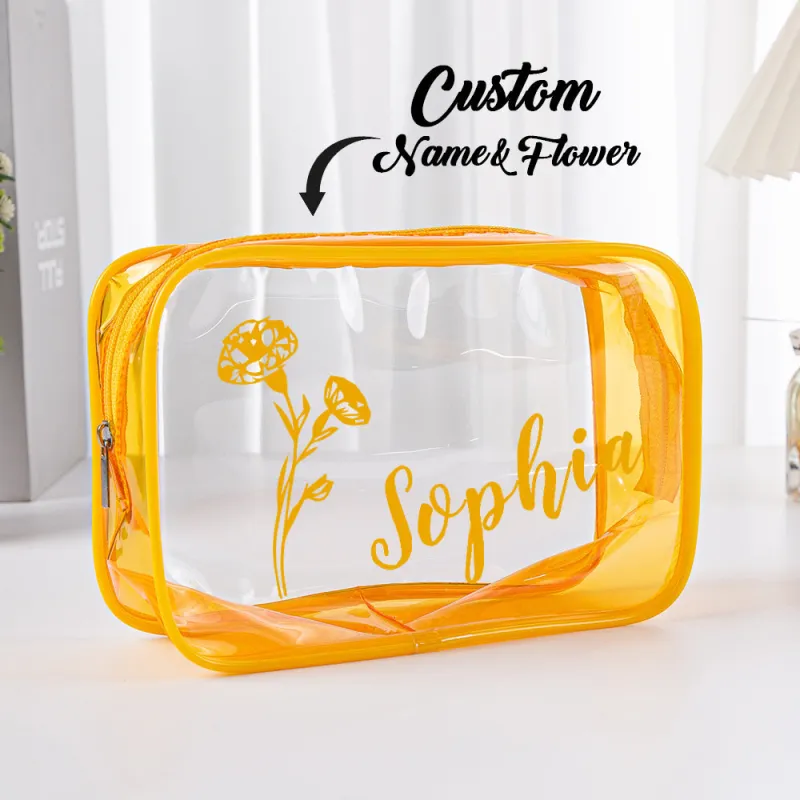 Personalized Birth Flower Name Clear Makeup Bag Birthday Wedding Travel Gift for Her 1