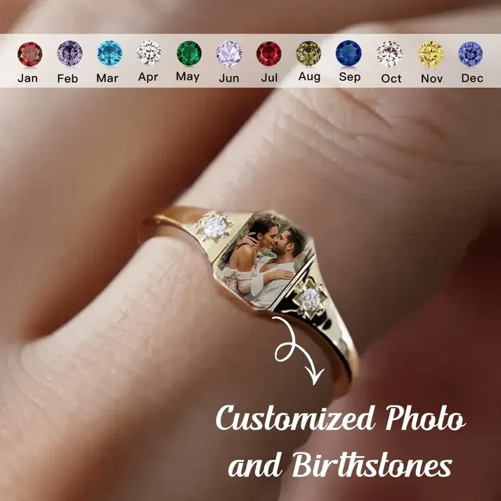 Personalized Birthstone Photo Ring 2 Photo Colors Perfect Gift for Wife for Mother