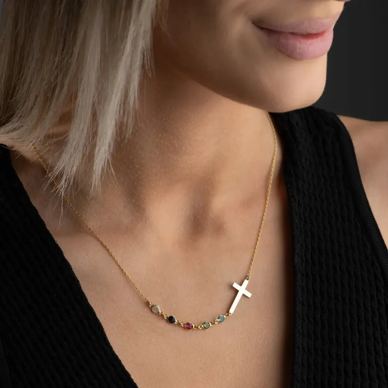 Personalized Birthstone Silver Cross Necklace Cross Family Birthstone Necklace