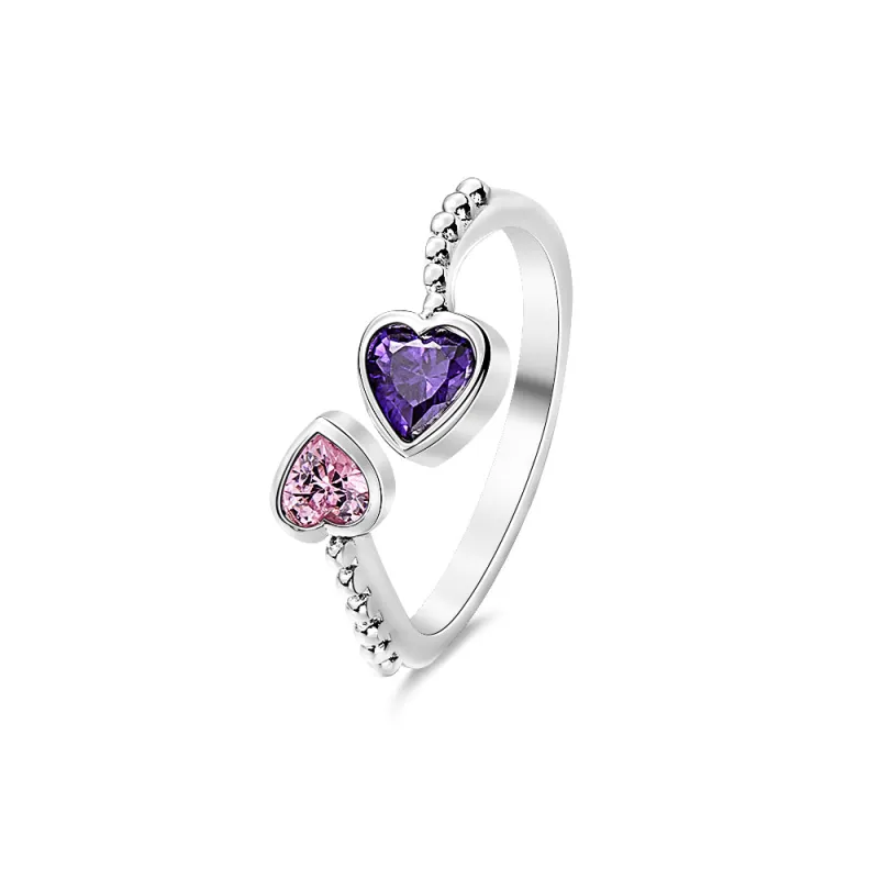 Personalized Birthstones Ring Adjustable Open Double Heart Ring Gift for Her